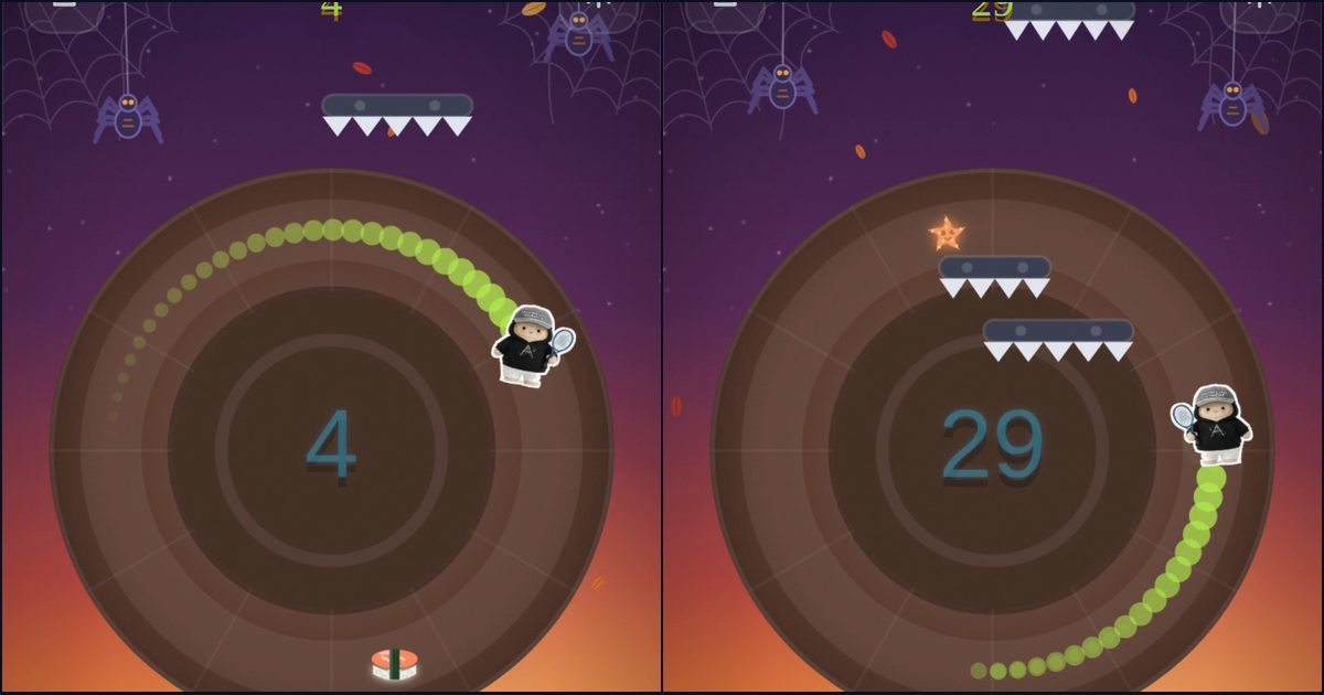 A linked Muse playing Loop Chomp: the character orbits the ring, chomping snacks and dodging spike bars